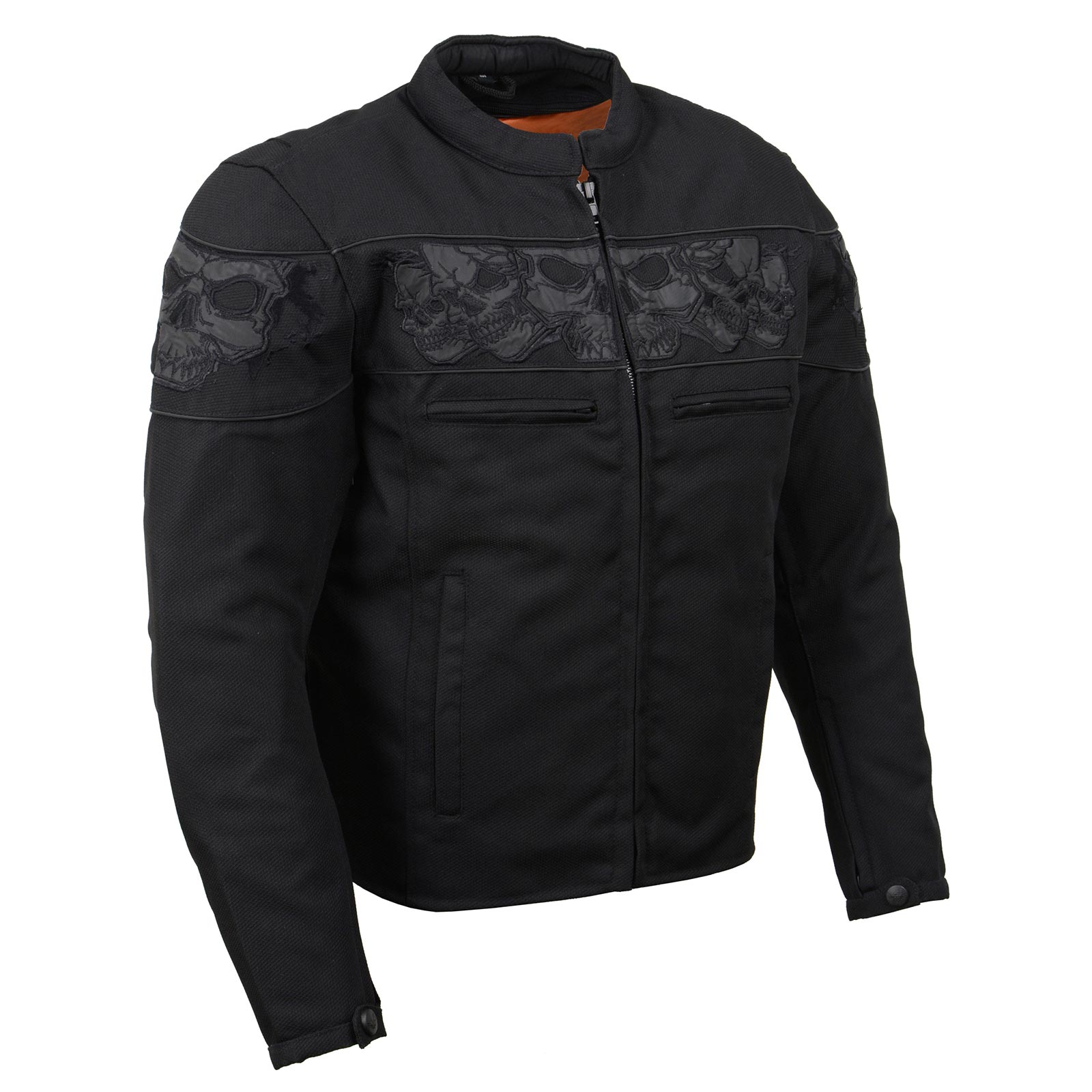 MPM1730 Black Padded Textile Motorcycle Jacket for Men w/ Reflective Skulls - All Season Motorcycle Jacket
