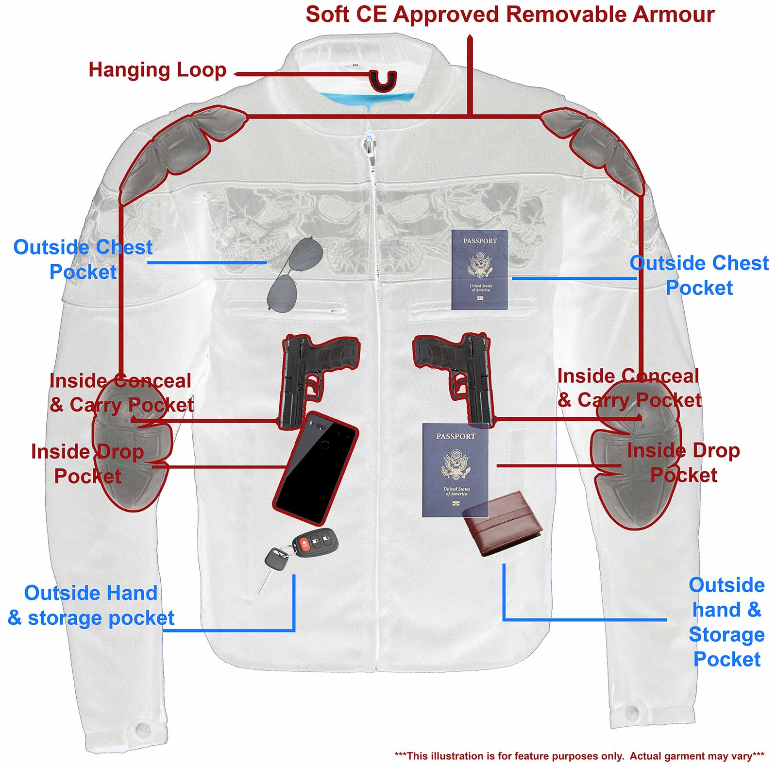 MPM1730 Black Padded Textile Motorcycle Jacket for Men w/ Reflective Skulls - All Season Motorcycle Jacket