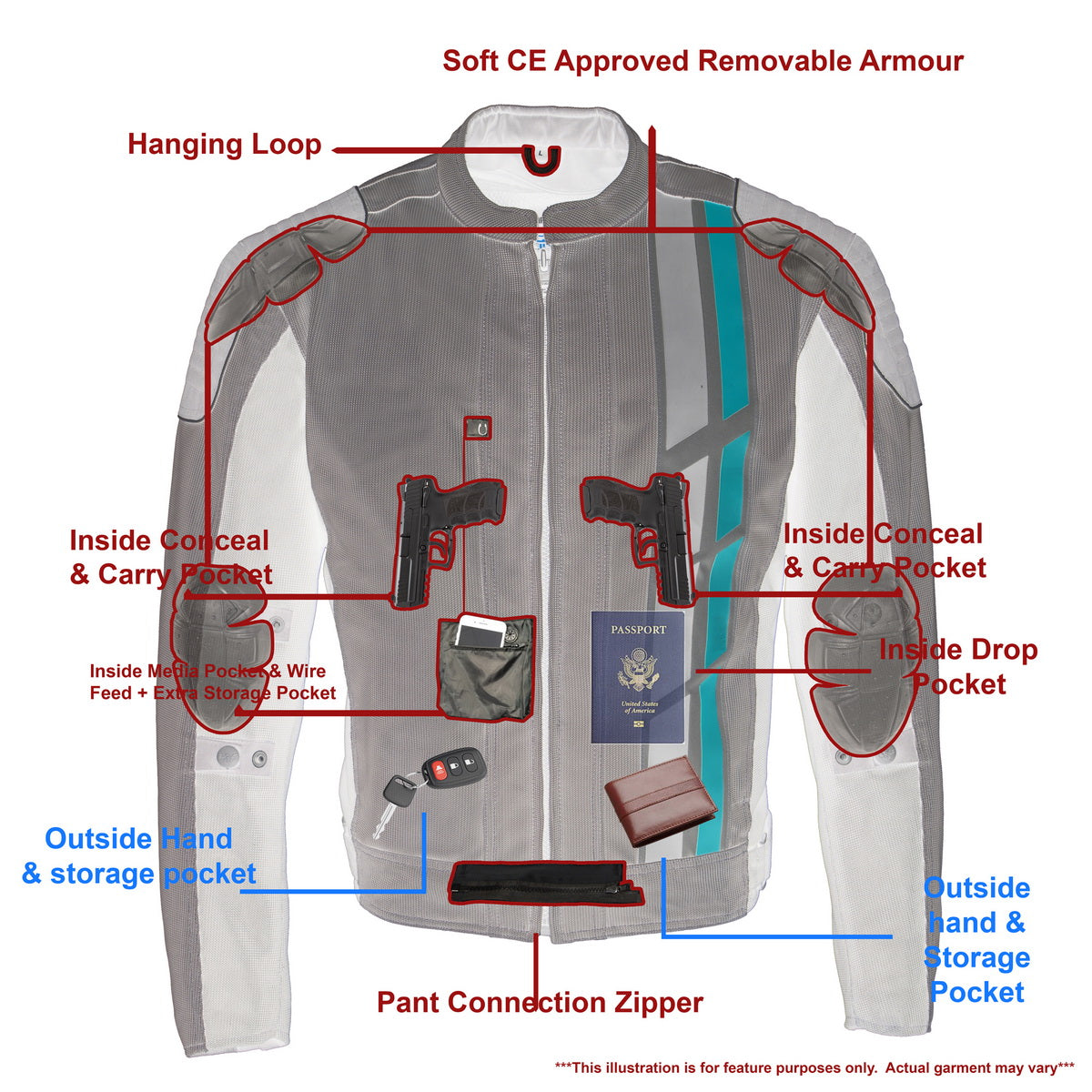 MPM1752 Men's Black/Grey Textile and Mesh Armored Motorcycle Biker Racing Jacket