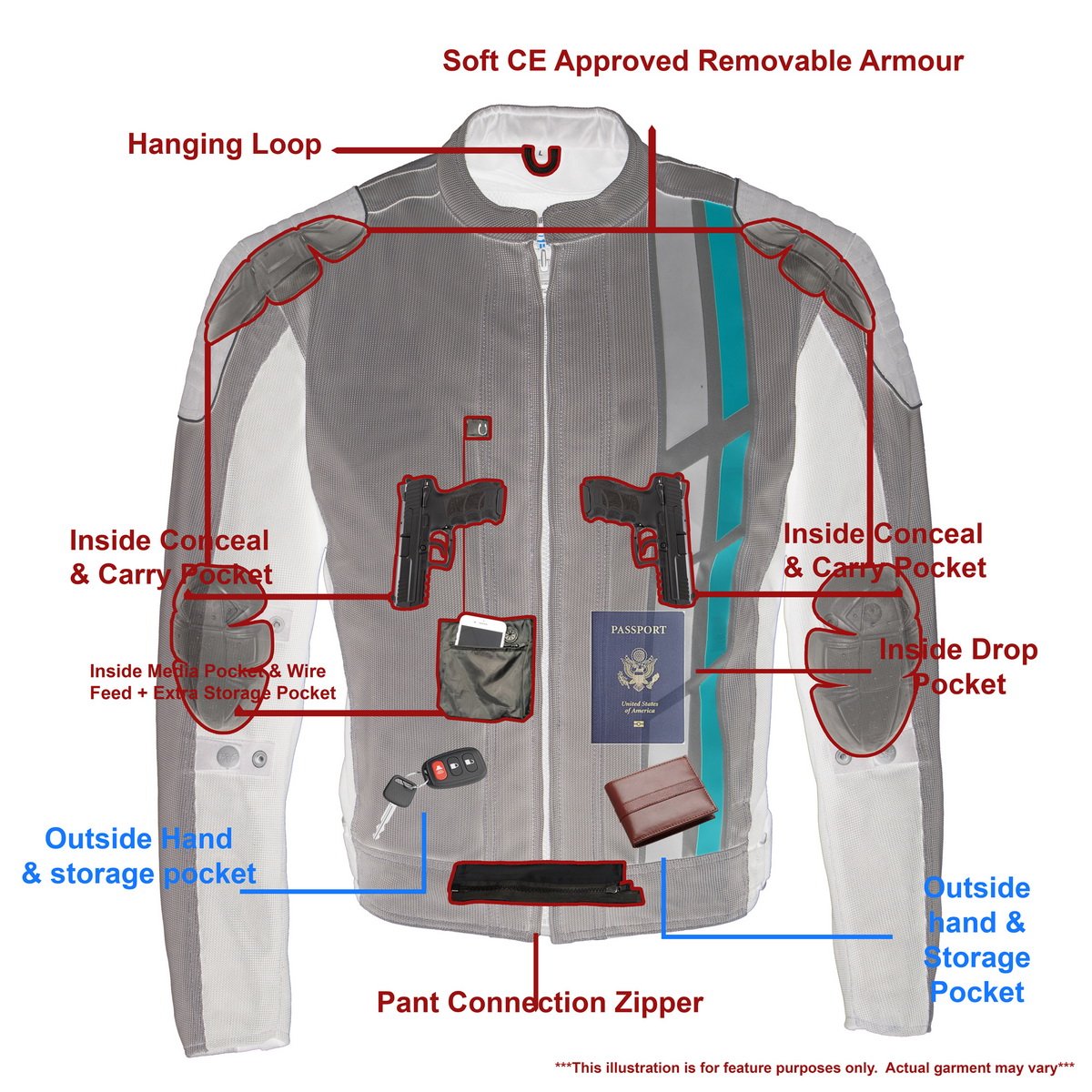 MPM1752 Men's Black/Grey Textile and Mesh Armored Motorcycle Biker Racing Jacket