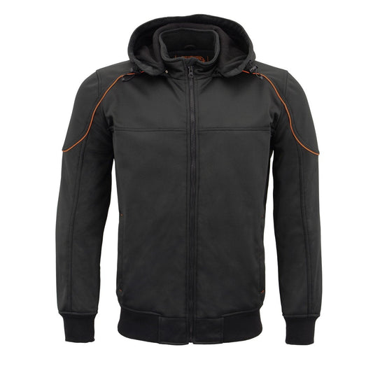 MPM1764 Men's Black Soft Shell CE Armored Motorcycle Racing Style Hoodie Jacket w/ Detachable Hood