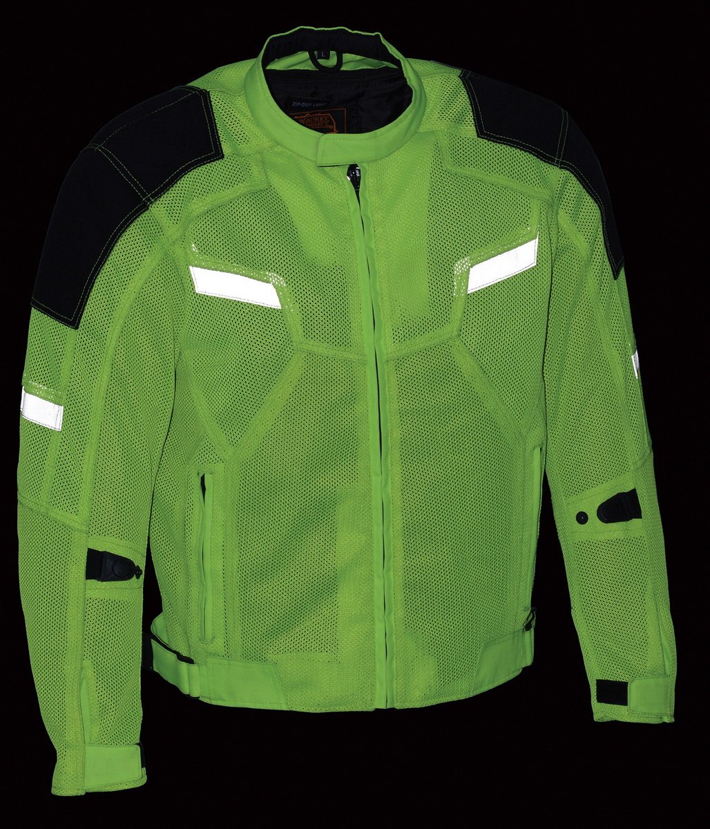 MPM1792 Men's Black and High-Viz Green CE Armored Textile Motorcycle Jacket- All Season Biker Jacket