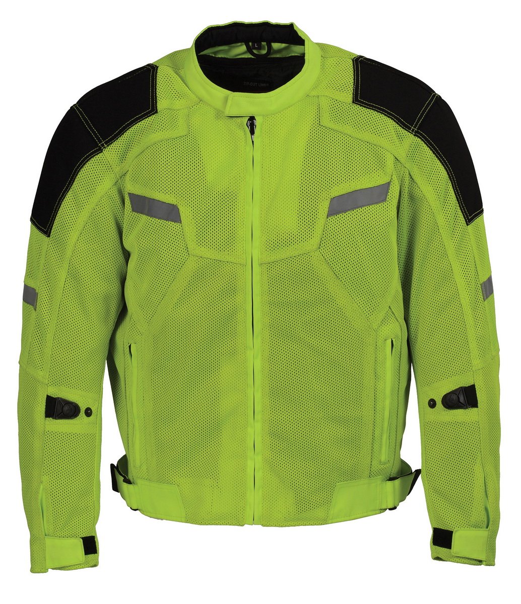 MPM1792 Men's Black and High-Viz Green CE Armored Textile Motorcycle Jacket- All Season Biker Jacket