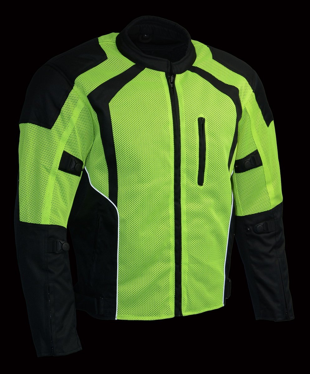 MPM1793 Green High Vis Armored Mesh Motorcycle Jacket for Men - All Season Biker Jacket