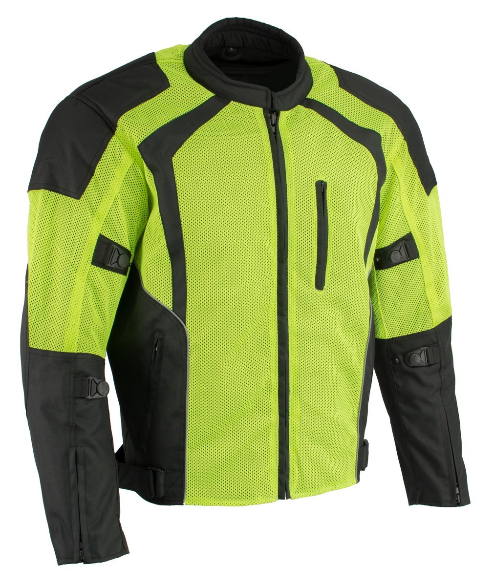 MPM1793 Green High Vis Armored Mesh Motorcycle Jacket for Men - All Season Biker Jacket