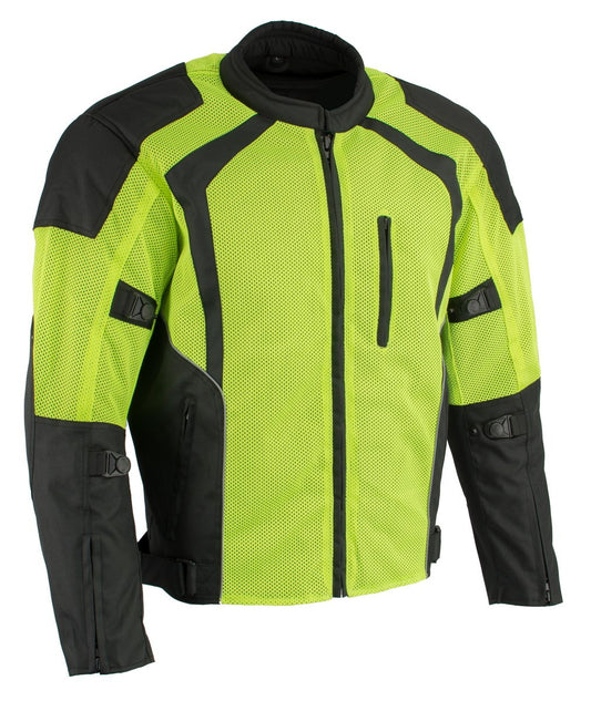 MPM1793 Green High Vis Armored Mesh Motorcycle Jacket for Men - All Season Biker Jacket