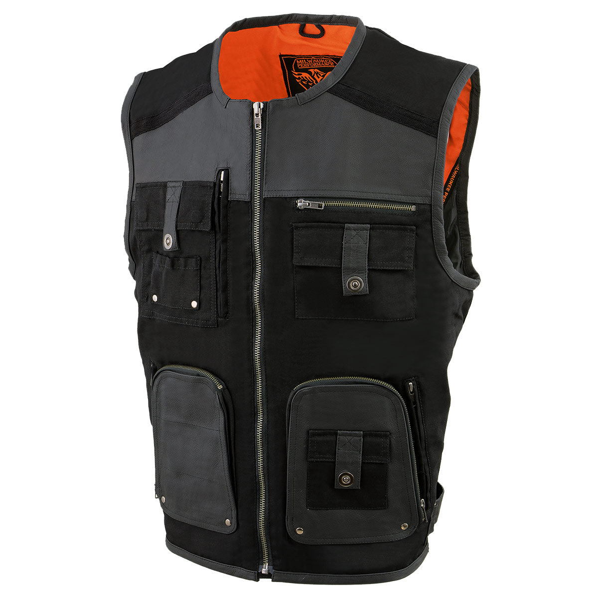 MPM3310 Men's 'Super Utility' Black Leather and Canvas Multi-Pocket Vest