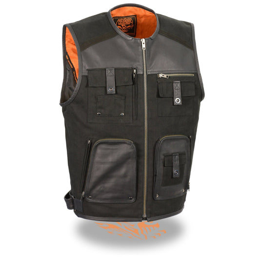 MPM3310 Men's 'Super Utility' Black Leather and Canvas Multi-Pocket Vest