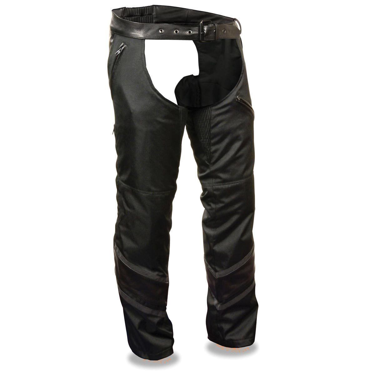 MPM5705 Men's Black Vented Textile Chaps with Leather Trim and Snap Out Liner
