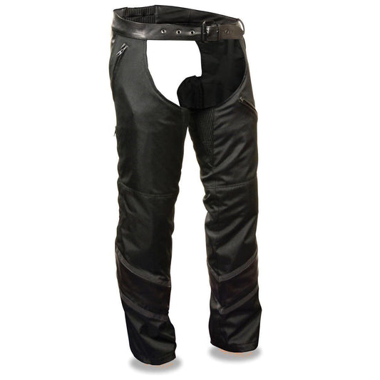 MPM5705 Men's Black Vented Textile Chaps with Leather Trim and Snap Out Liner