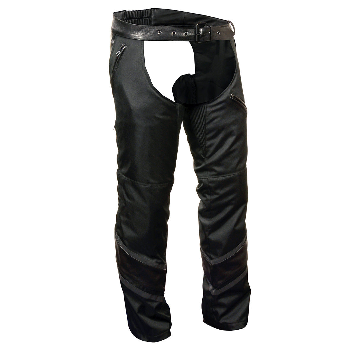 MPM5705 Men's Black Vented Textile Chaps with Leather Trim and Snap Out Liner