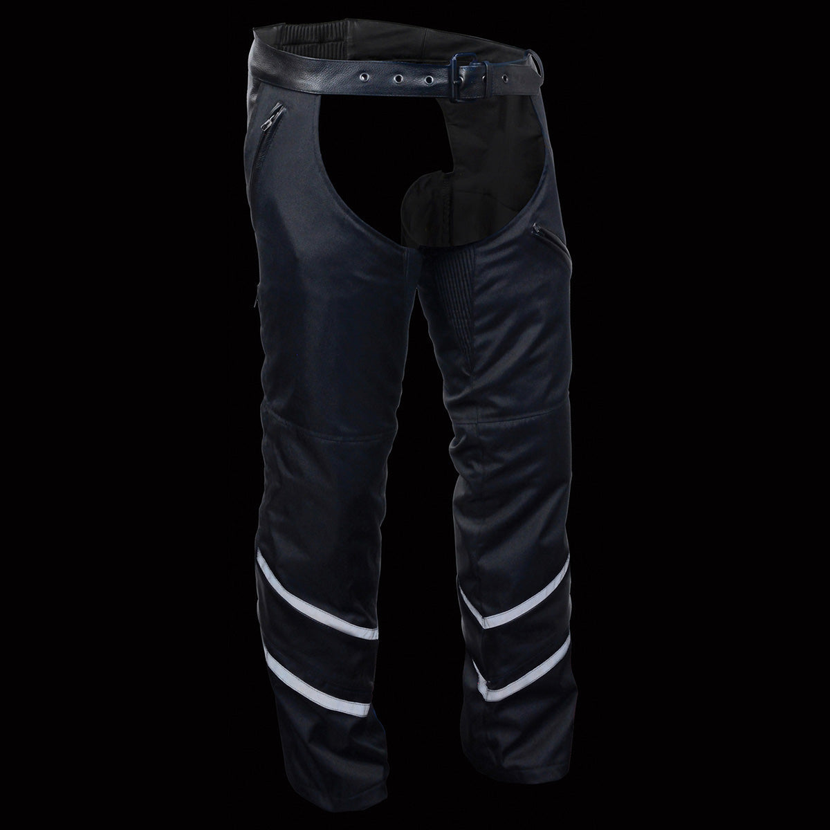 MPM5705 Men's Black Vented Textile Chaps with Leather Trim and Snap Out Liner