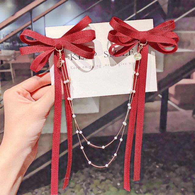 New Bow Pearls Chain Barrettes Hairpins For Women Rhinestone Spring Hair Clips Ribbon Headband Ponytail Headdress Wedding Hair Accessories for Brides and Bridesmaids