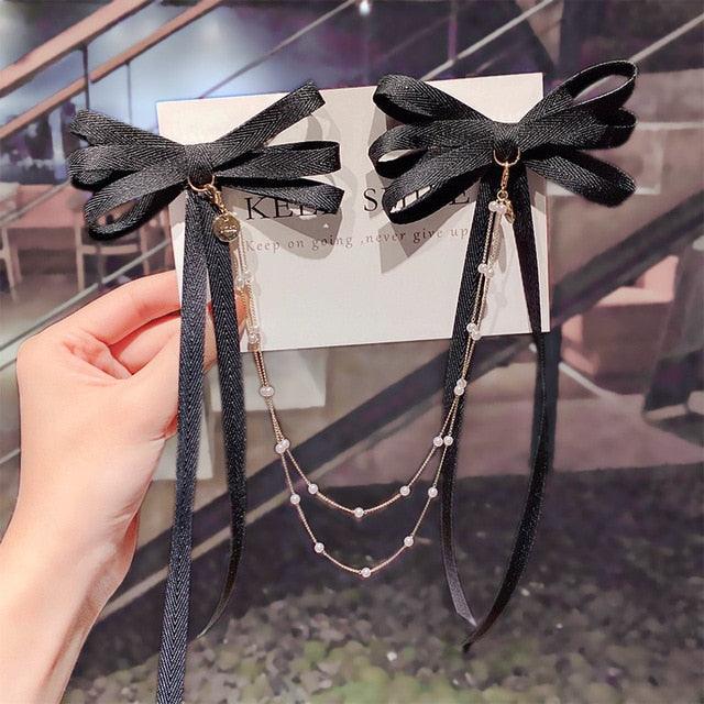 New Bow Pearls Chain Barrettes Hairpins For Women Rhinestone Spring Hair Clips Ribbon Headband Ponytail Headdress Wedding Hair Accessories for Brides and Bridesmaids
