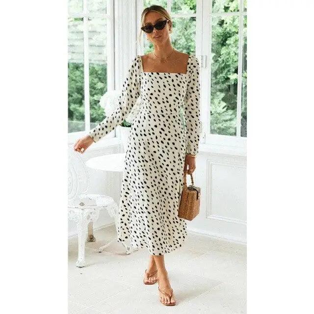 New Fashion Leopard Print Dot long sleeve Slit Luxury Dress