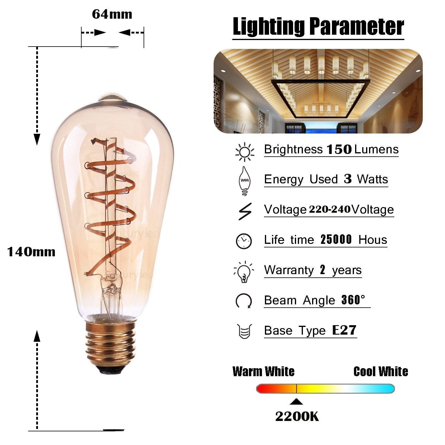 New Retro LED Spiral Filament Light Bulb Vintage Decorative Lamps Dimmable Edison Lamp LED Flexible Spiral Filament Edison Bulbs Vintage Amber Glass Reading Bedroom Decoration