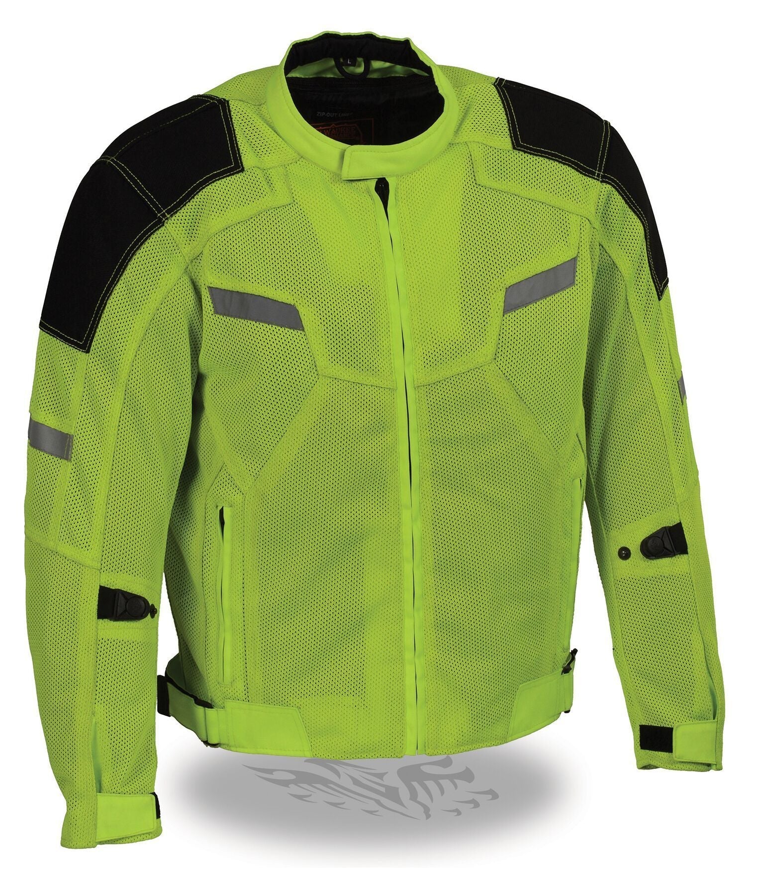 MPM1792 Men's Black and High-Viz Green CE Armored Textile Motorcycle Jacket- All Season Biker Jacket