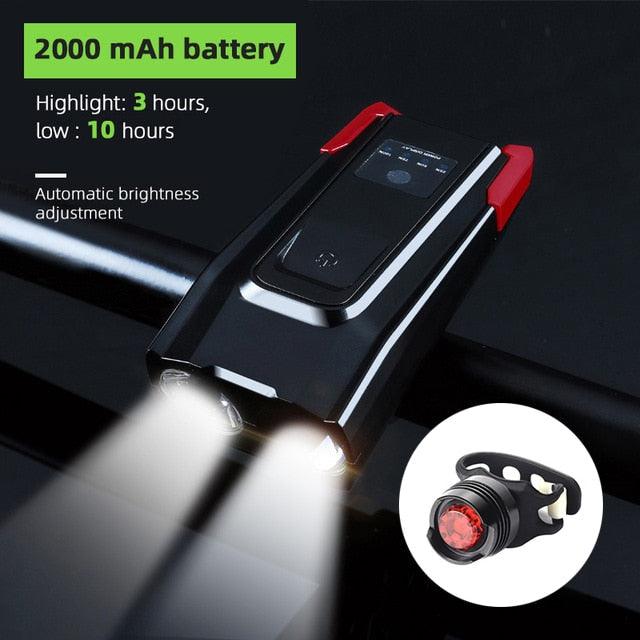 4000mAh Bicycle Front Light Set USB Rechargeable Smart Headlight With Horn 800 Lumen LED Bicycle Light Set USB Rechargeable Super Bright  Bike Headlight