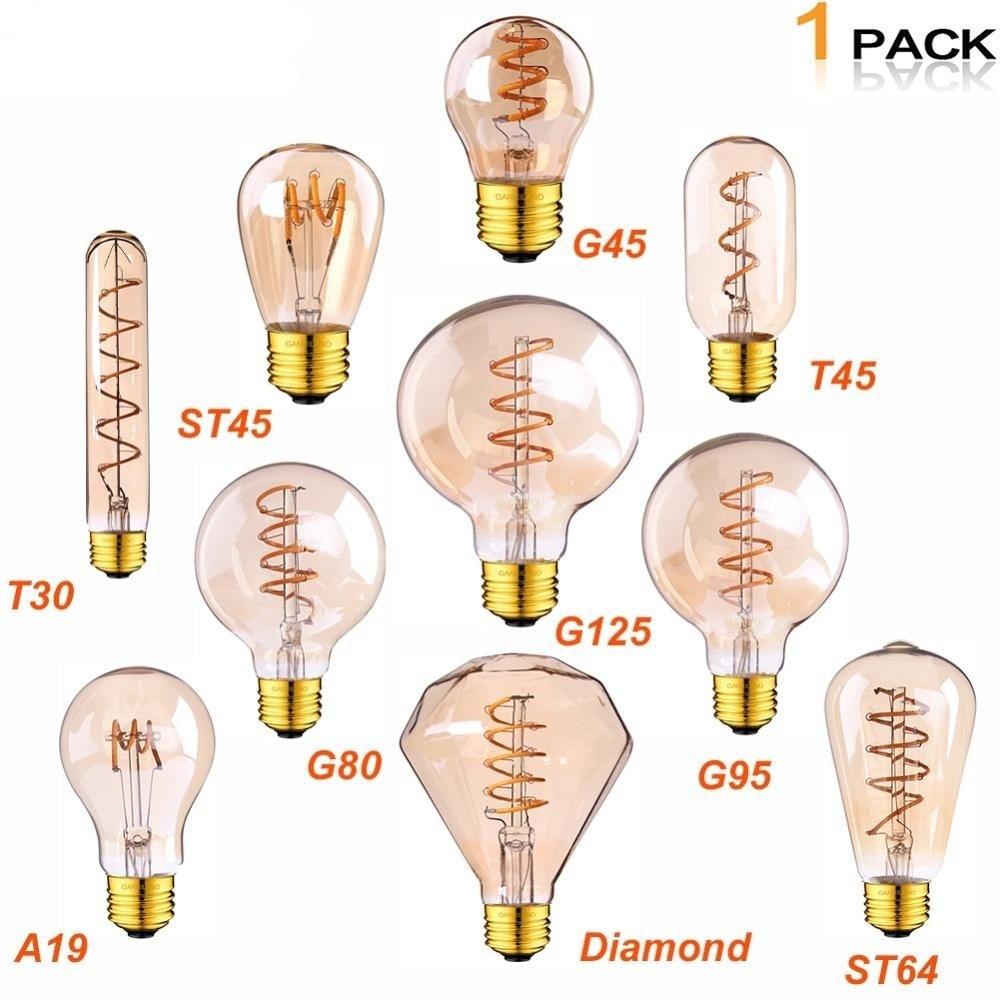 New Retro LED Spiral Filament Light Bulb Vintage Decorative Lamps Dimmable Edison Lamp LED Flexible Spiral Filament Edison Bulbs Vintage Amber Glass Reading Bedroom Decoration