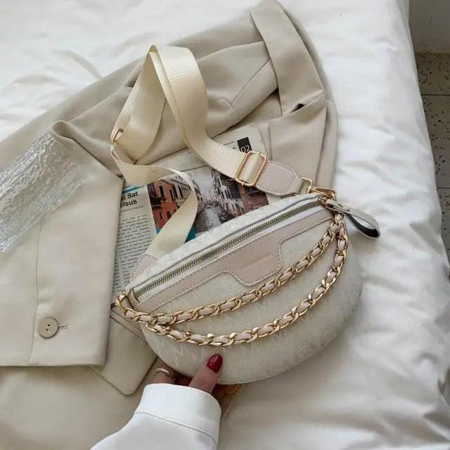 Retro Waist Bag PU Leather Fanny Pack Purse Leather with Gold Chain Strap Stylish Waist Pack Women Belt Bag Multifunctional Chest Bag
