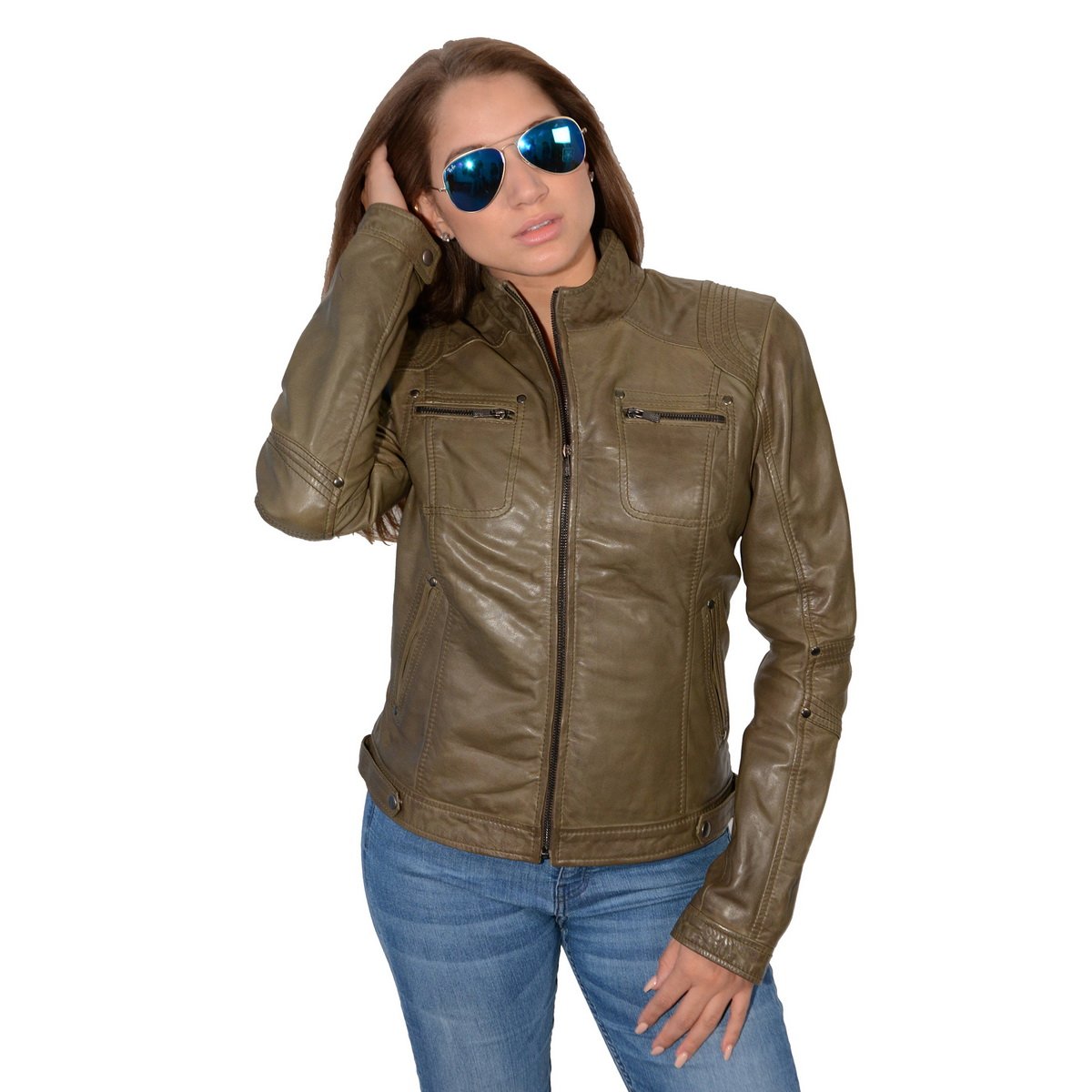 SFL2800 Women's Racer Olive Stand Up Collar Motorcycle Fashion Leather Jacket