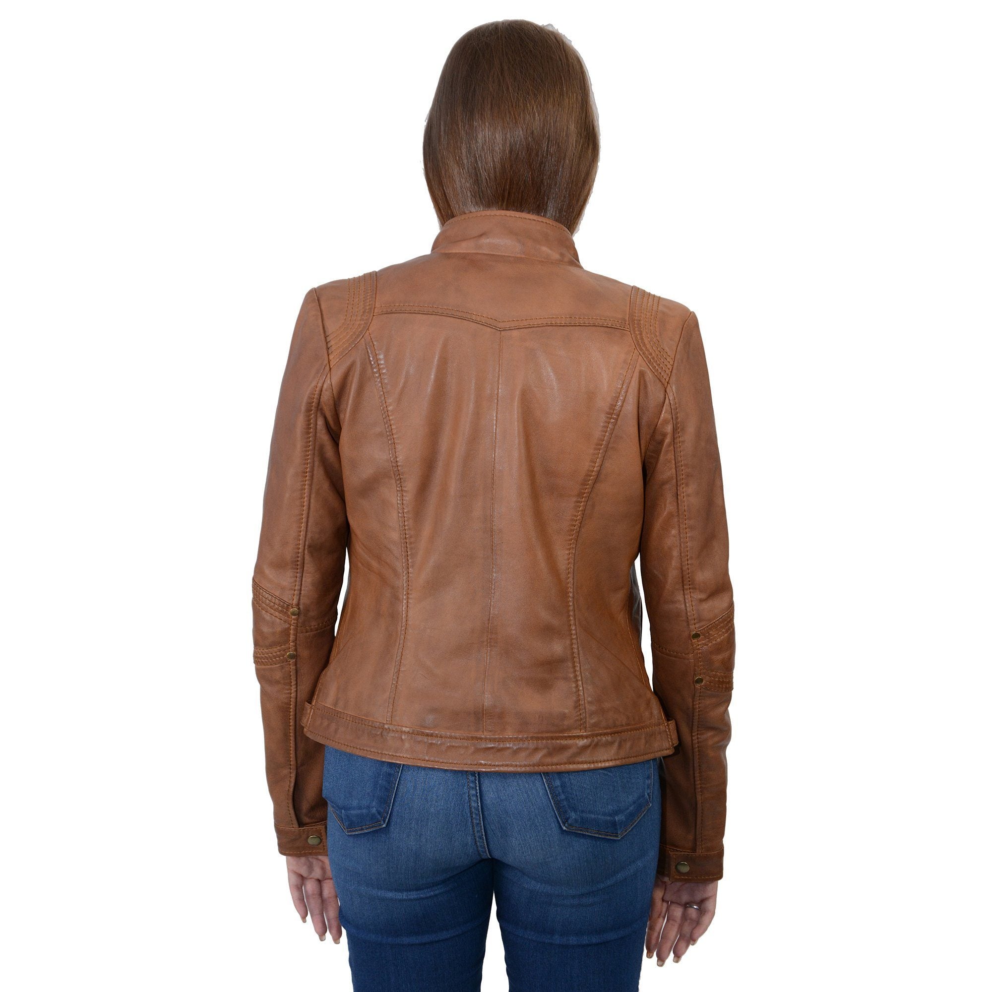 SFL2800 Women's Racer Whiskey Stand Up Collar Motorcycle Fashion Leather Jacket