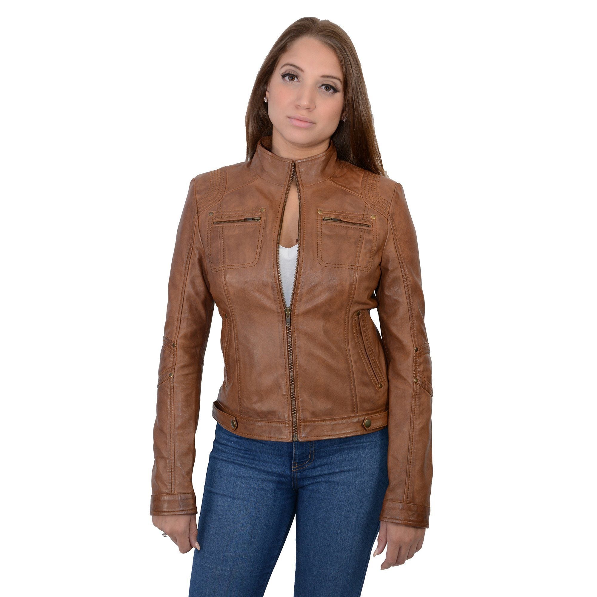 SFL2800 Women's Racer Whiskey Stand Up Collar Motorcycle Fashion Leather Jacket