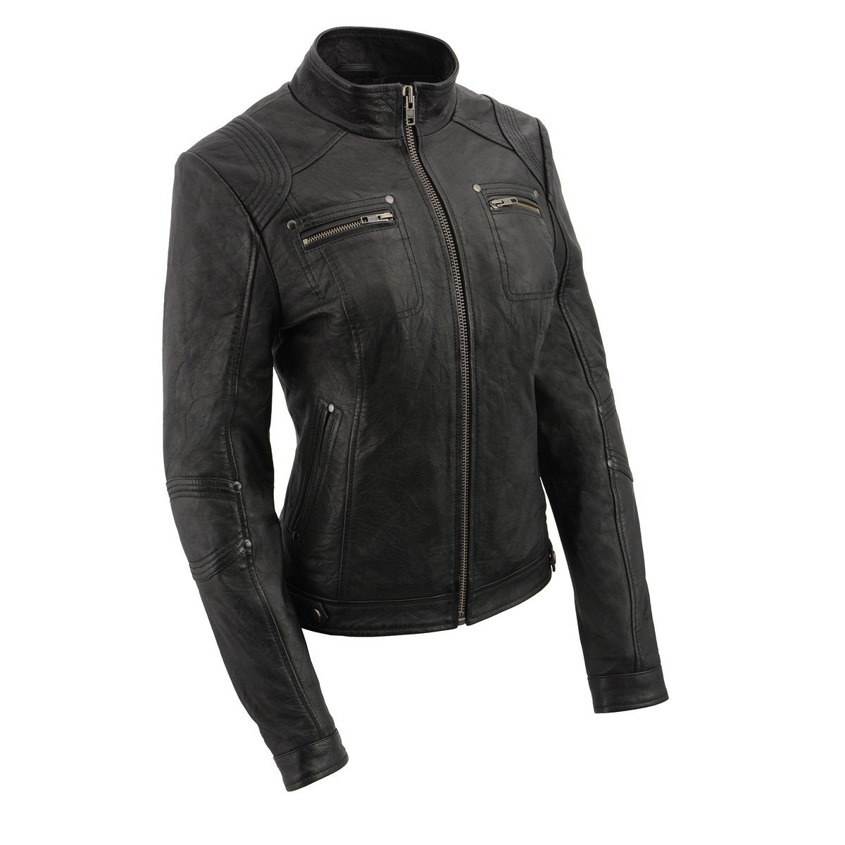 SFL2801 Women's Racer Black Stand Up Collar Motorcycle Fashion Leather Jacket