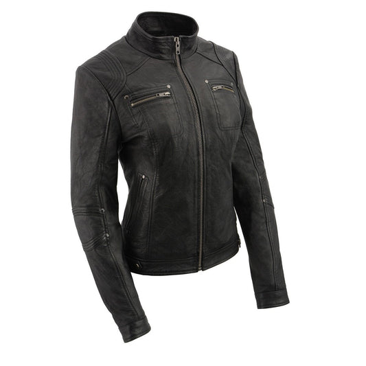 SFL2801 Women's Racer Black Stand Up Collar Motorcycle Fashion Leather Jacket