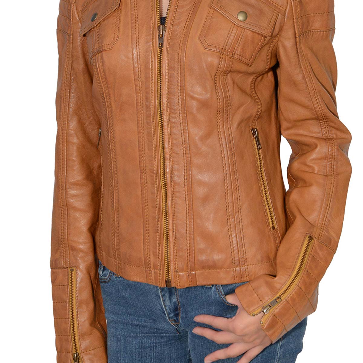 SFL2805 Women's Cognac Quilted Mandarin Collar Fashion Casual Leather Jacket