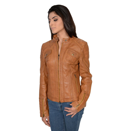 SFL2805 Women's Cognac Quilted Mandarin Collar Fashion Casual Leather Jacket