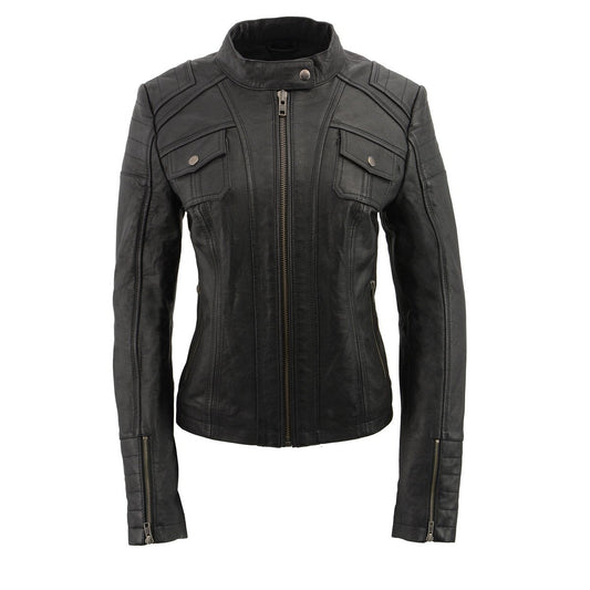 SFL2806 Women's Quilted Black Mandarin Scuba Collar Fashion Casual Leather Jacket