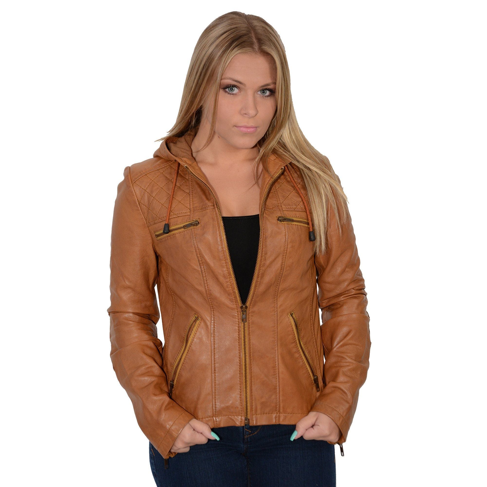 SFL2810 Women's Cognac Scuba Style Fashion Leather Jacket with Drawstring and Hoodie