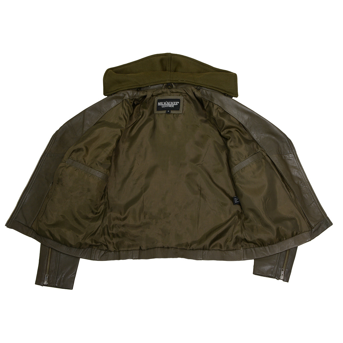 SFL2815 Womens Olive Motorcycle Style Leather Jacket with Hoodie and Asymmetrical Zipper