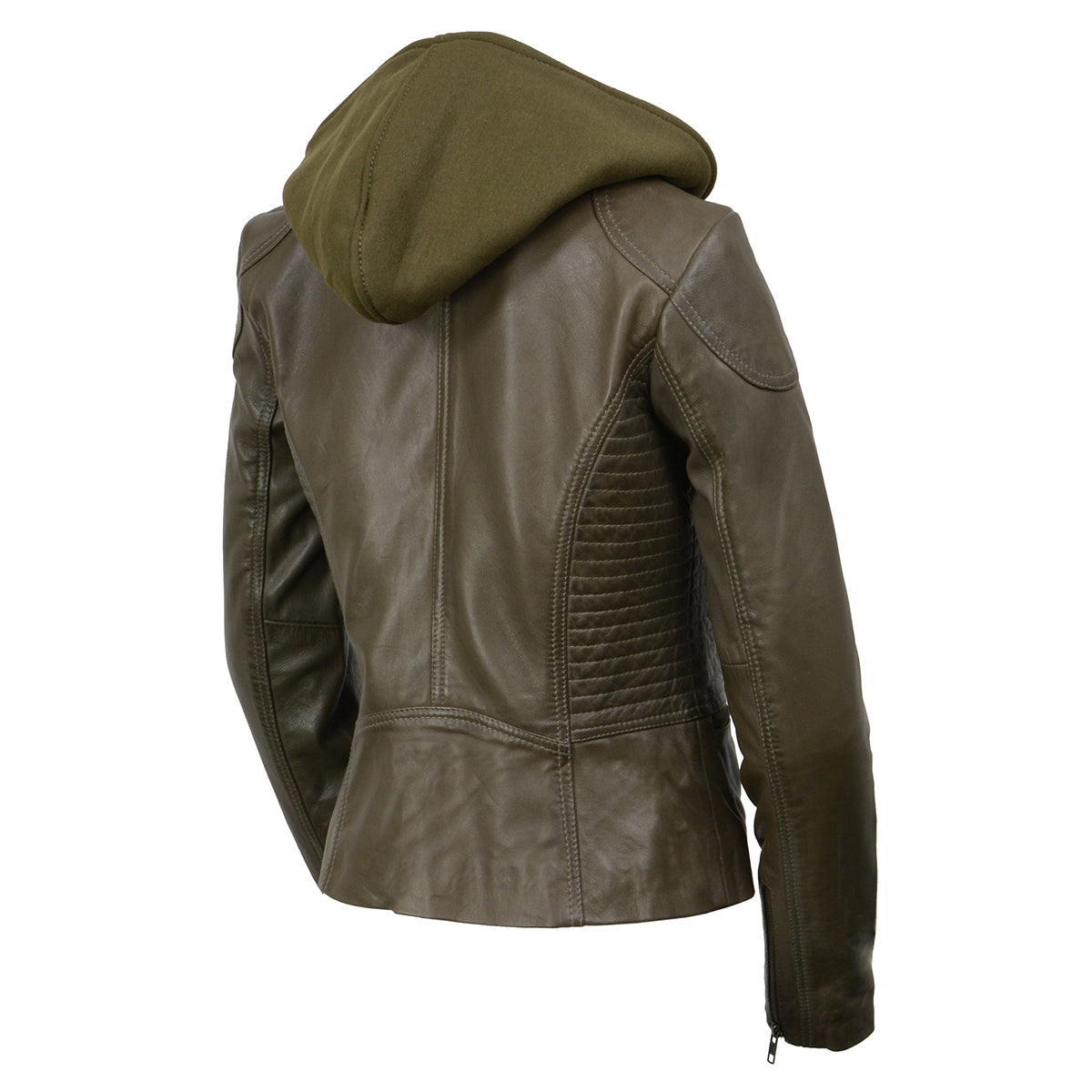 SFL2815 Womens Olive Motorcycle Style Leather Jacket with Hoodie and Asymmetrical Zipper