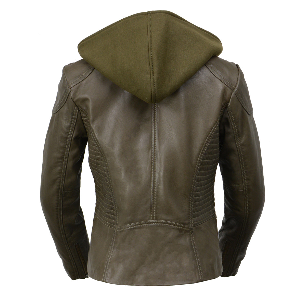 SFL2815 Womens Olive Motorcycle Style Leather Jacket with Hoodie and Asymmetrical Zipper