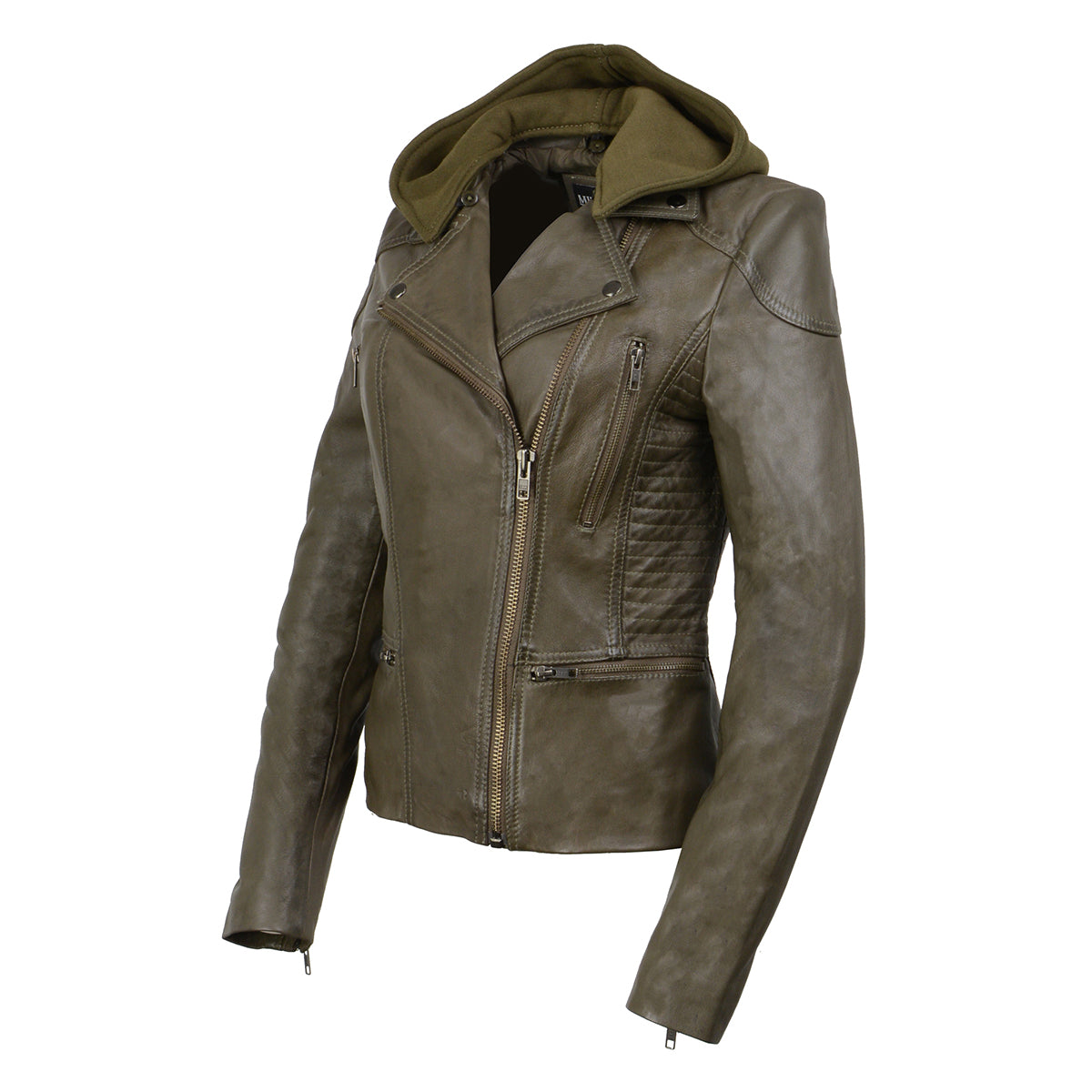 SFL2815 Womens Olive Motorcycle Style Leather Jacket with Hoodie and Asymmetrical Zipper