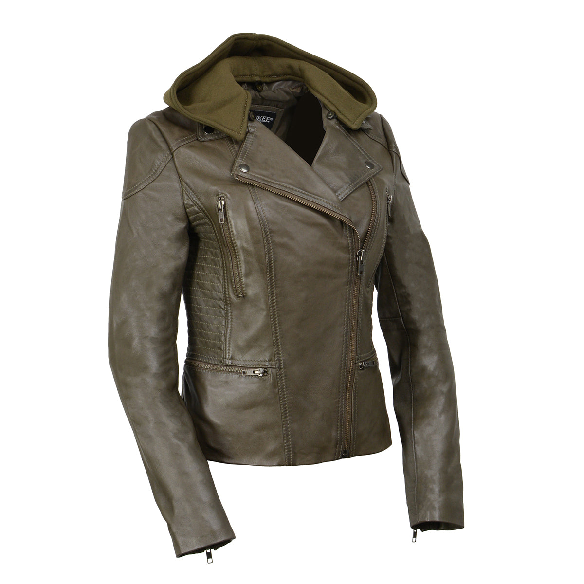 SFL2815 Womens Olive Motorcycle Style Leather Jacket with Hoodie and Asymmetrical Zipper