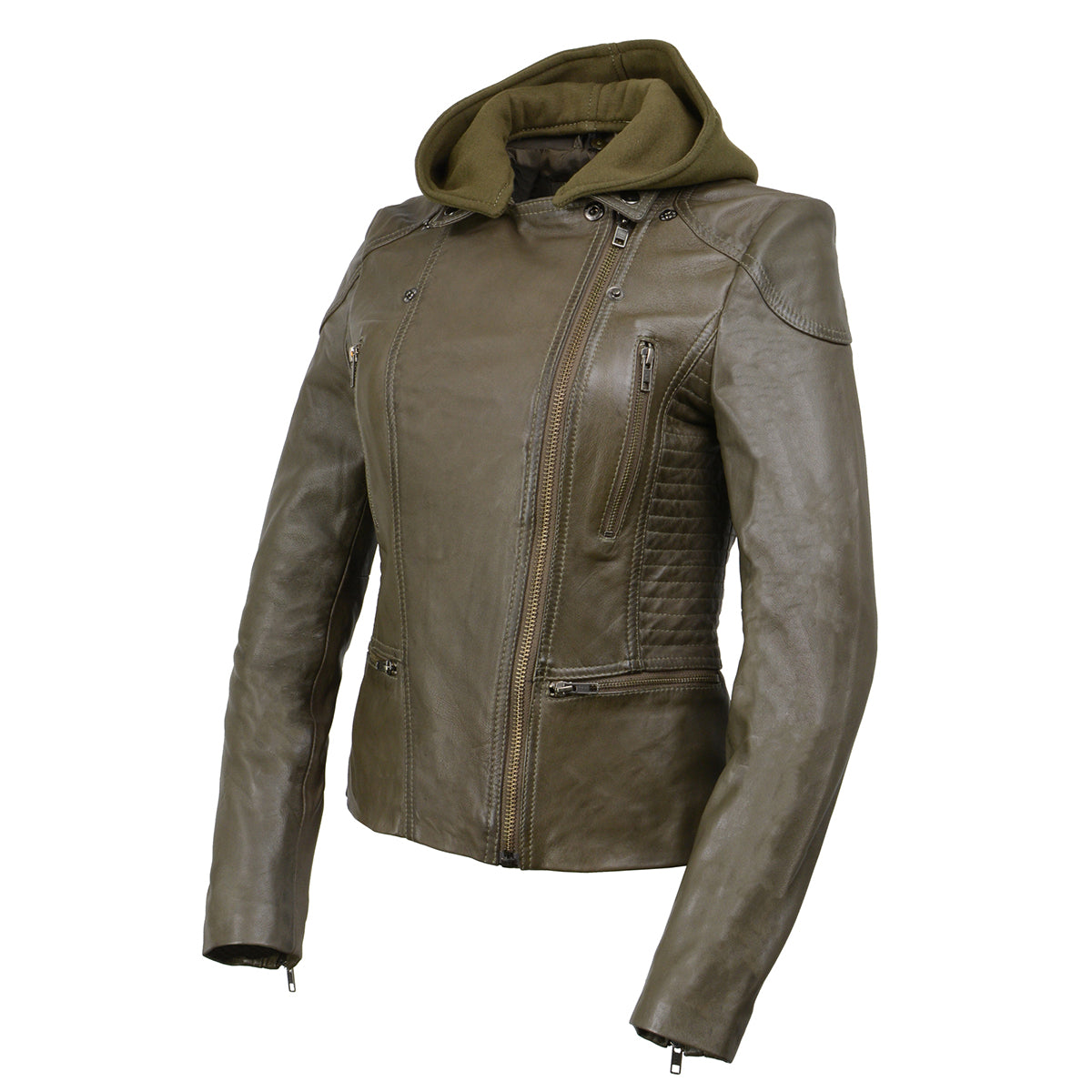 SFL2815 Womens Olive Motorcycle Style Leather Jacket with Hoodie and Asymmetrical Zipper