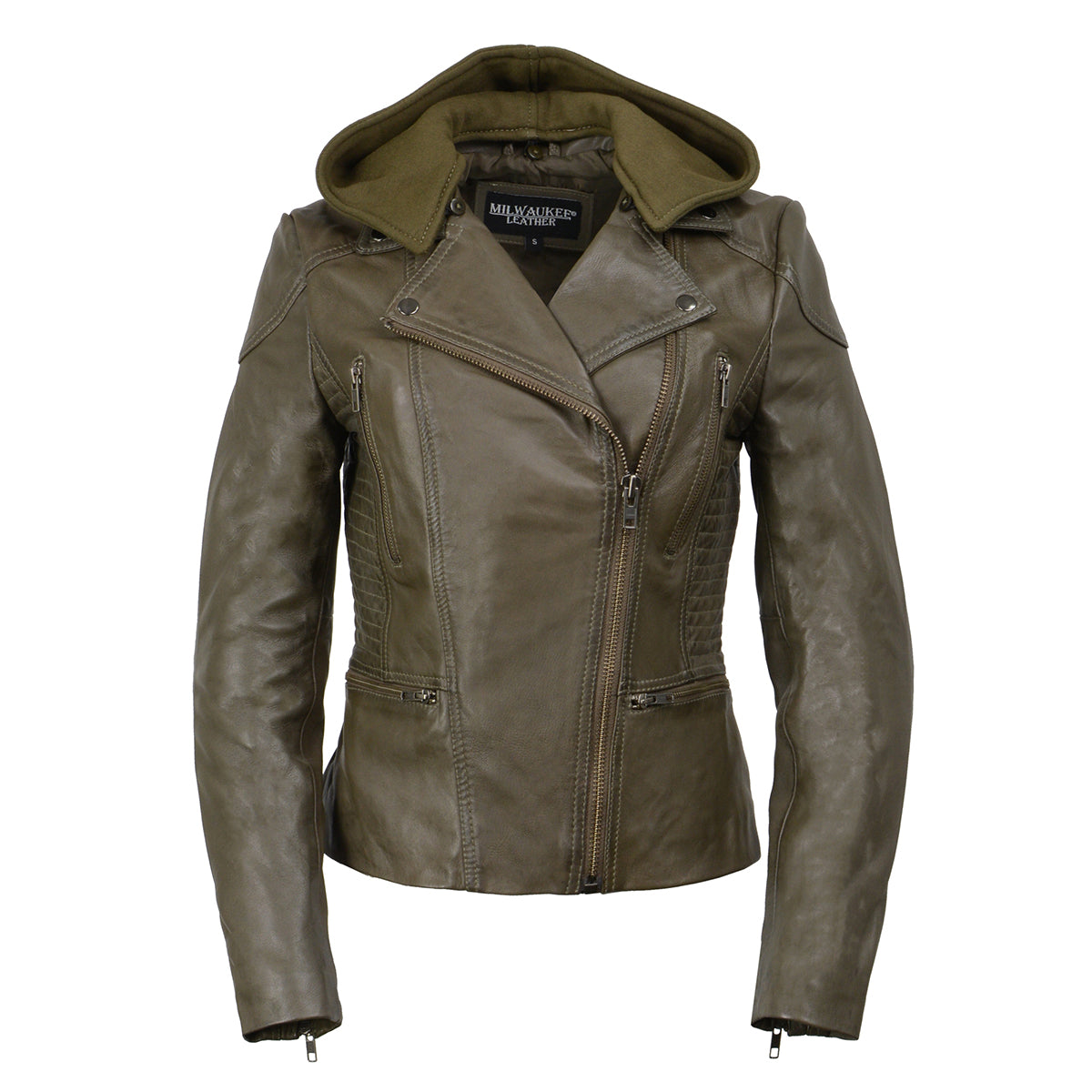 SFL2815 Womens Olive Motorcycle Style Leather Jacket with Hoodie and Asymmetrical Zipper