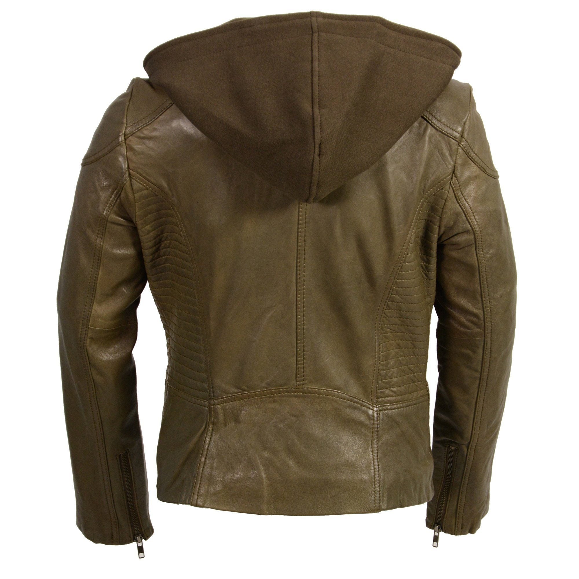 SFL2815 Womens Olive Motorcycle Style Leather Jacket with Hoodie and Asymmetrical Zipper