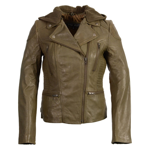 SFL2815 Womens Olive Motorcycle Style Leather Jacket with Hoodie and Asymmetrical Zipper