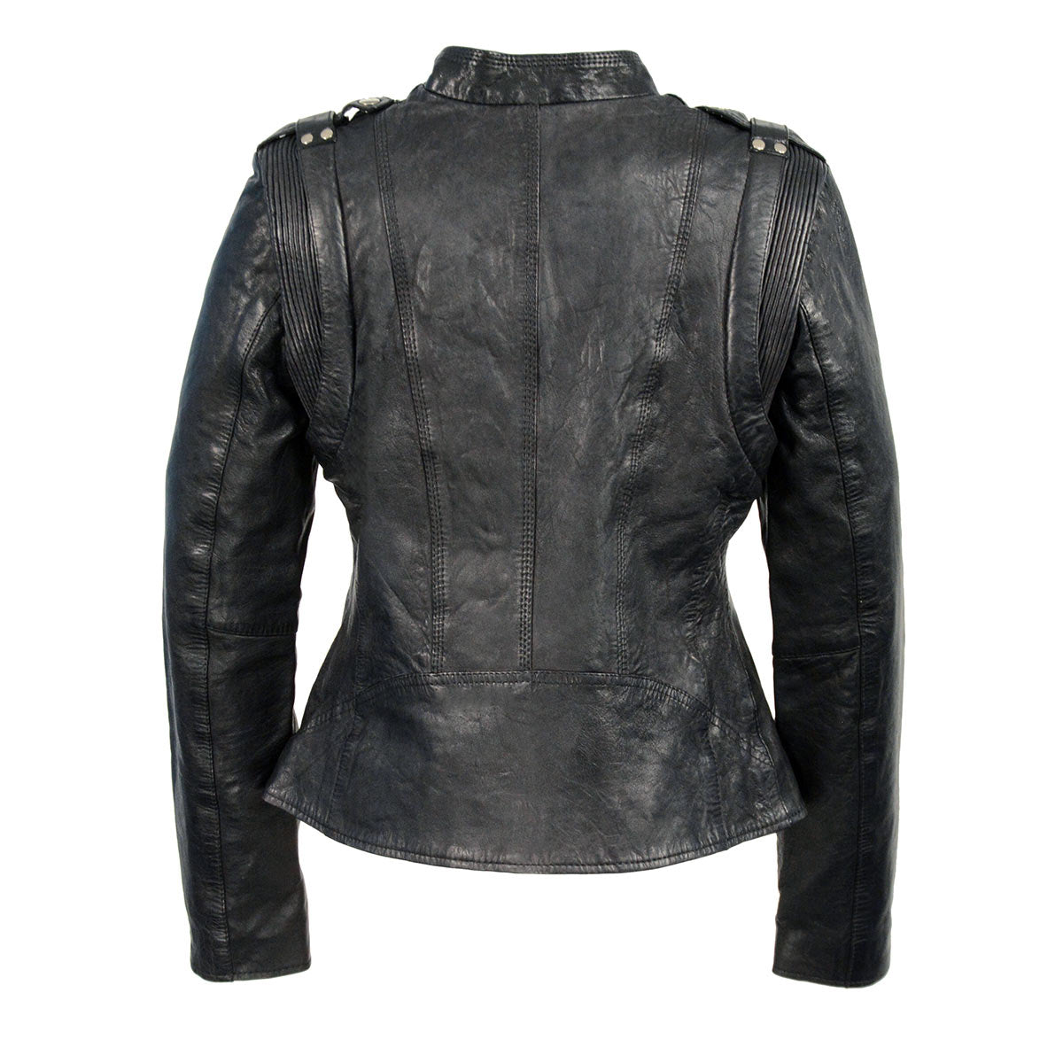 Women's Black Leather Motorcycle Style Fashion Jacket with Asymmetrical Zipper SFL2845