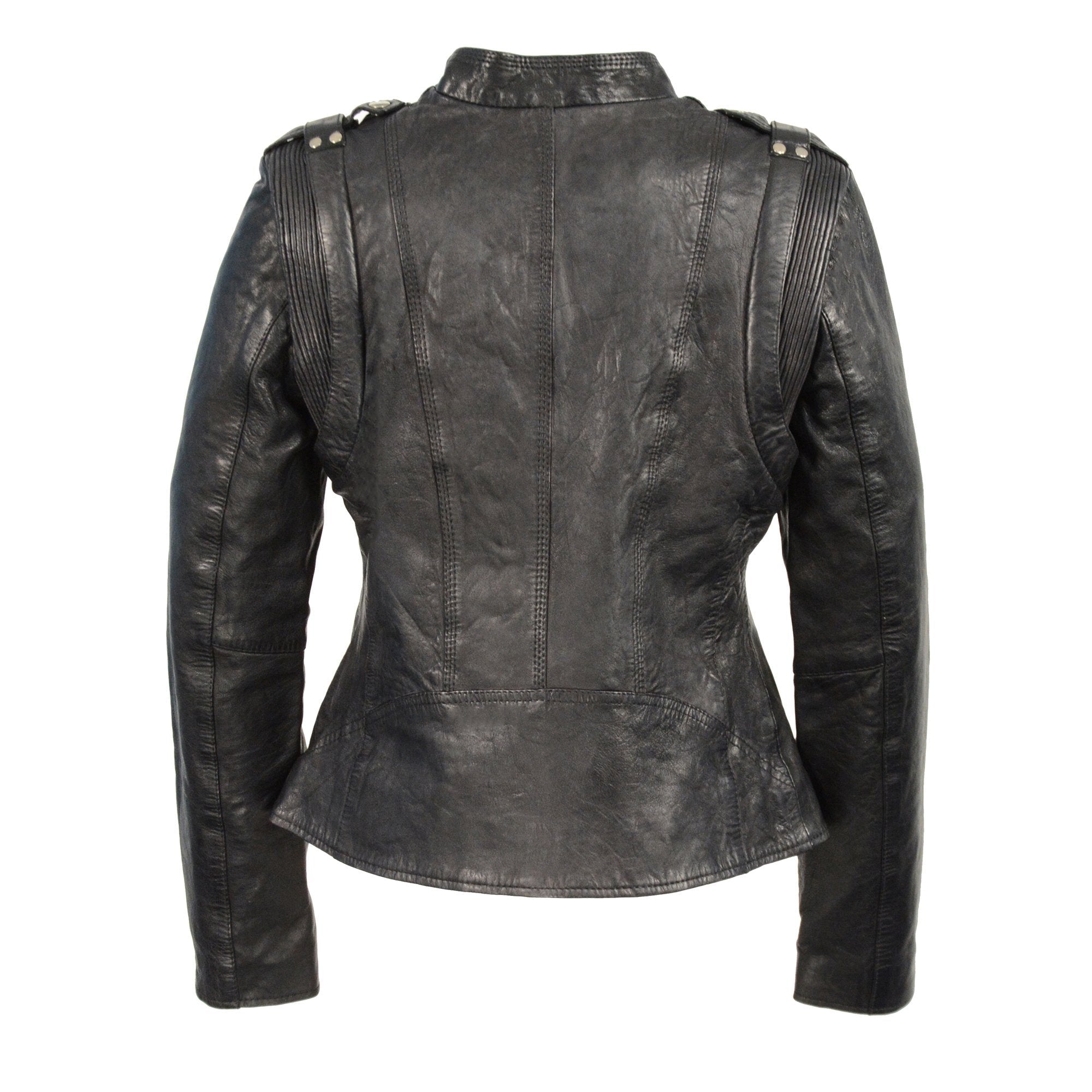 Women's Black Leather Motorcycle Style Fashion Jacket with Asymmetrical Zipper SFL2845