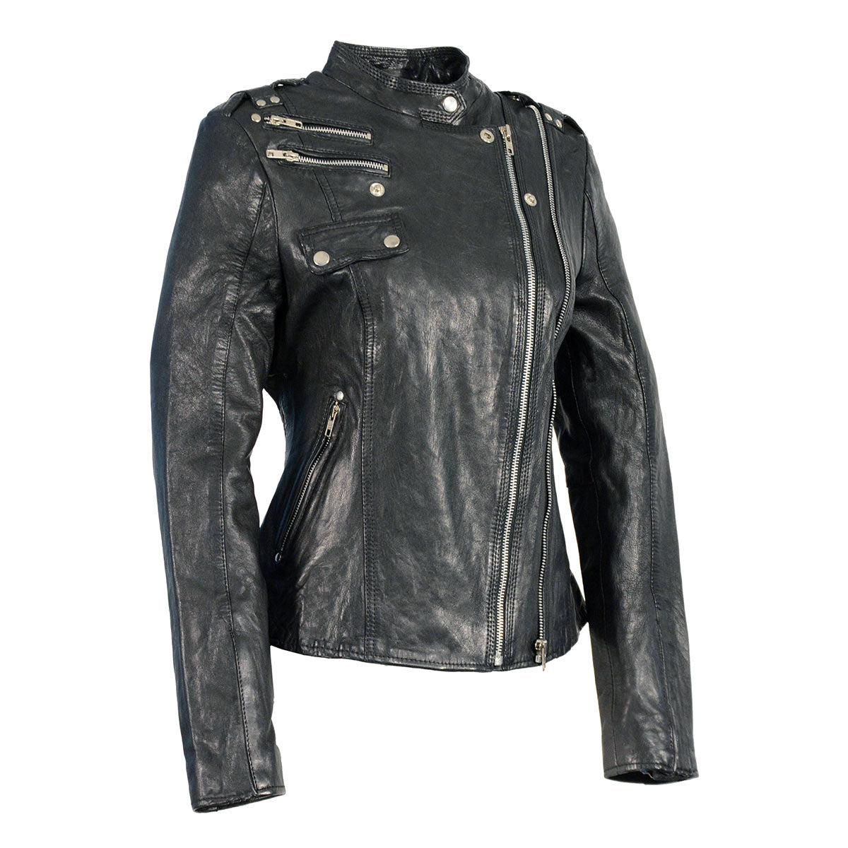 Women's Black Leather Motorcycle Style Fashion Jacket with Asymmetrical Zipper SFL2845