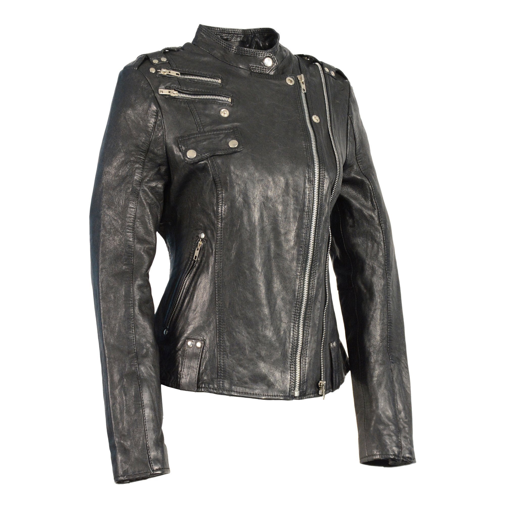 Women's Black Leather Motorcycle Style Fashion Jacket with Asymmetrical Zipper SFL2845