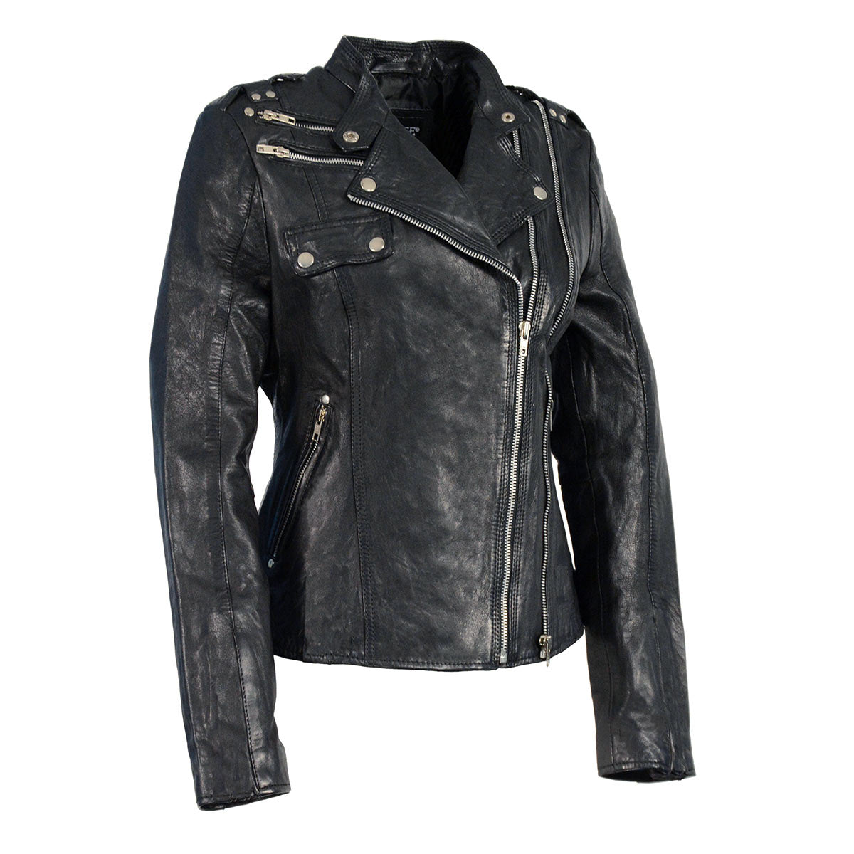 Women's Black Leather Motorcycle Style Fashion Jacket with Asymmetrical Zipper SFL2845