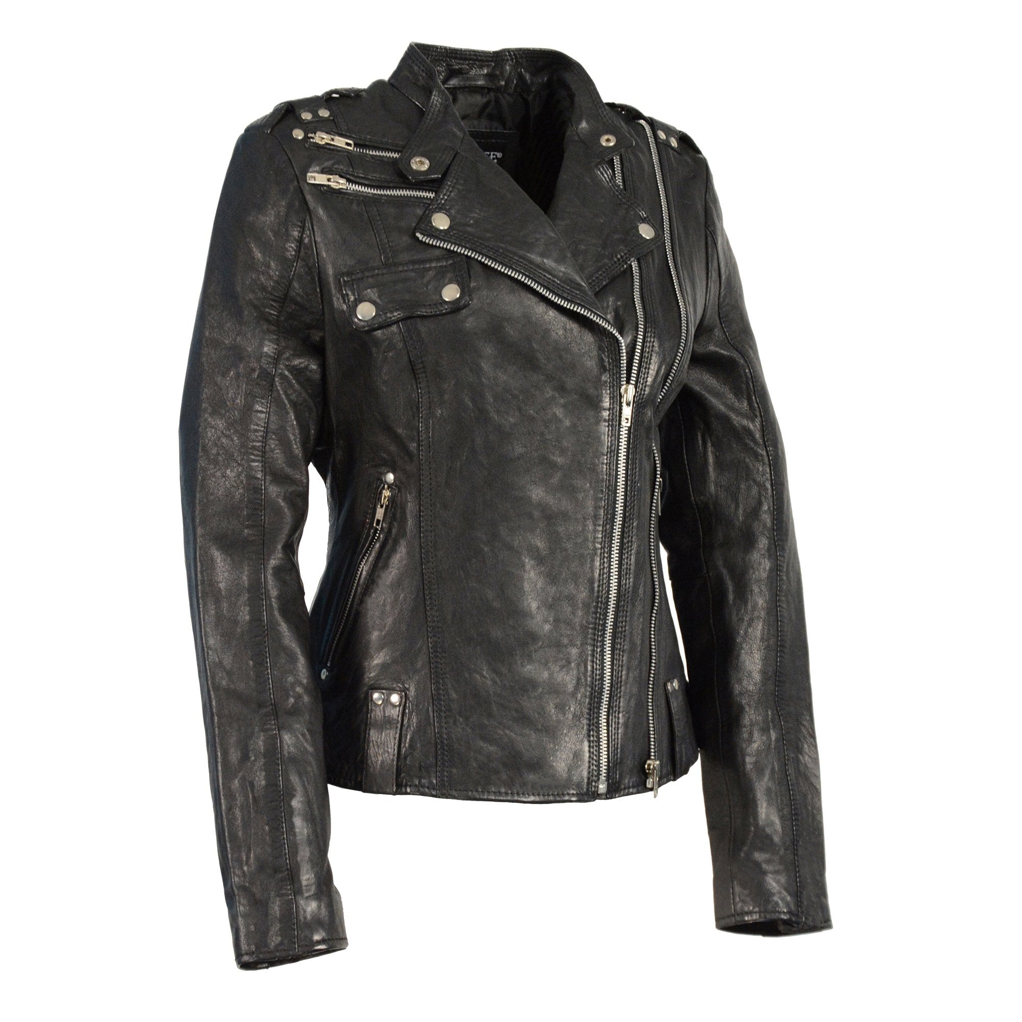 Women's Black Leather Motorcycle Style Fashion Jacket with Asymmetrical Zipper SFL2845