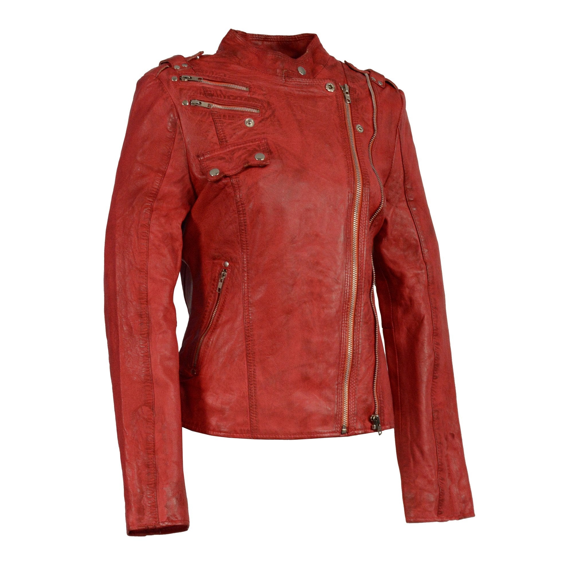 Women's Distressed Red Vegan Leather Motorcycle Style Fashion Jacket SFL2845