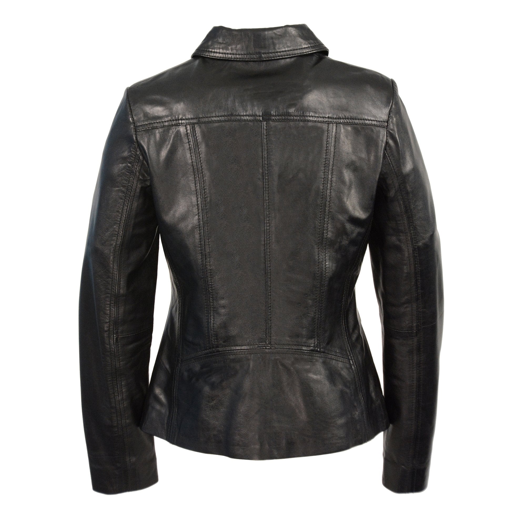 SFL2850 Women's Classic Black Zippered Motorcycle Style Fashion Leather Jacket with Shirt Style Collar